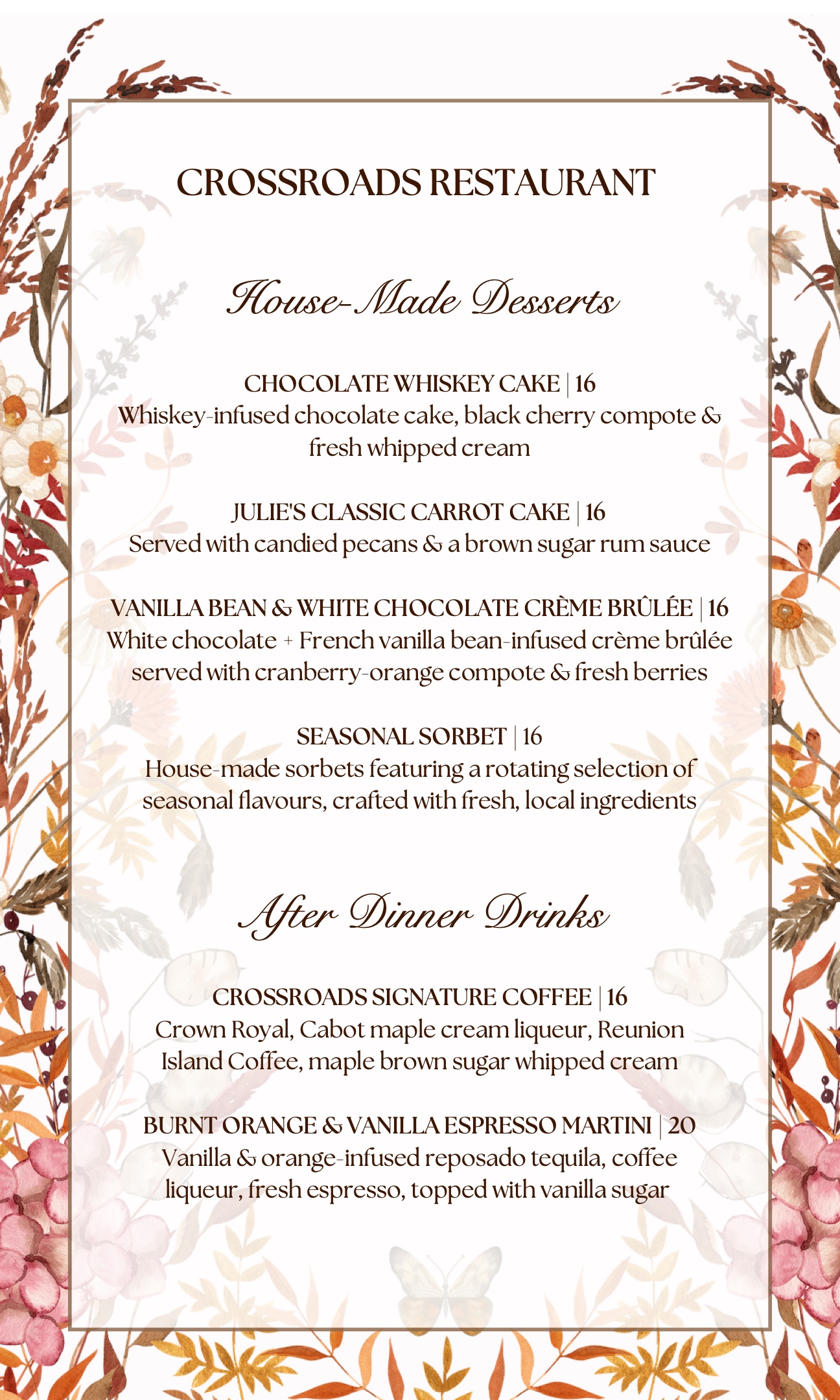 Crossroads Dessert Menu — page 1
