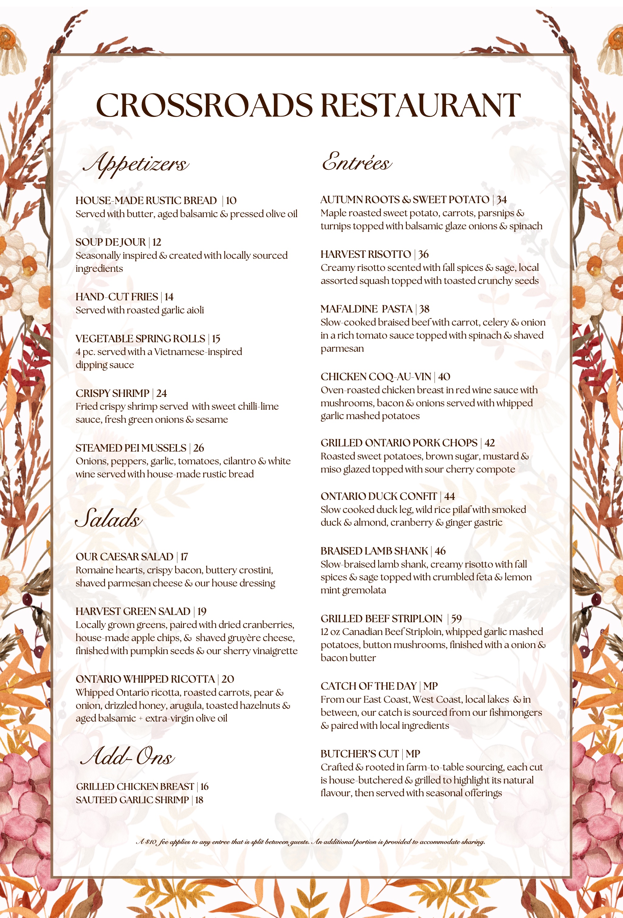 Crossroads Fall Dinner Menu — page 1: appetizers, salads, add-ons and entrées